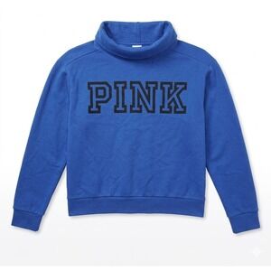 Victoria's Secret PINK Funnel Neck Sweatshirt Cobalt Blue Varsity Logo Medium